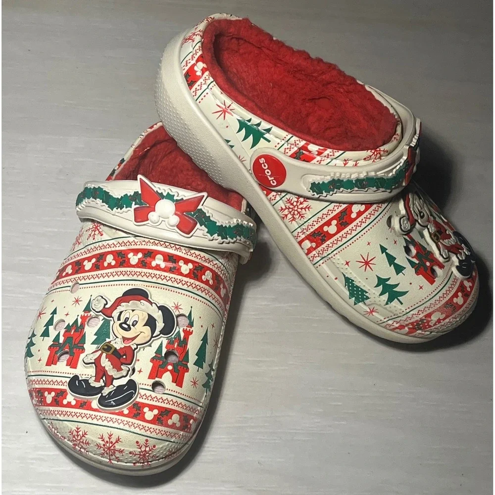 Crocs Disney Mickey Mouse Christmas Holiday Fuzz Lined Clogs Cream Red Size C10